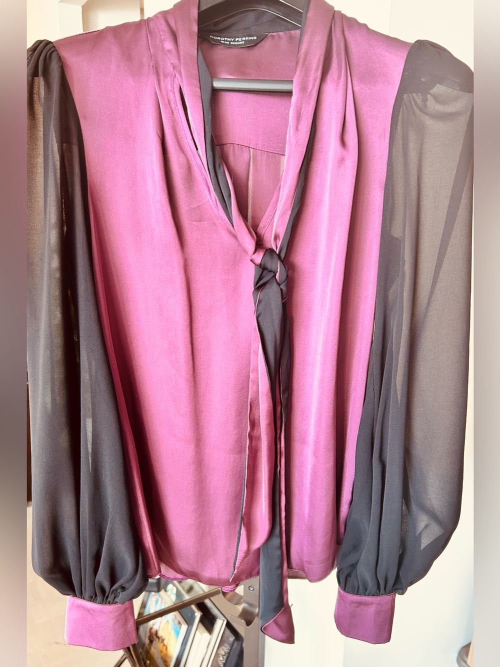 Dorothy Perkins Plum Satin Tie-Neck Blouse with Black Sheer Sleeves. Buttons